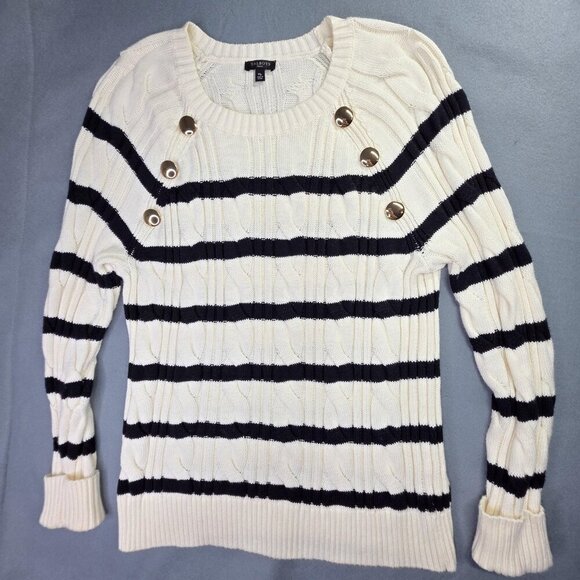 Talbots Sweaters - Talbots Sweater Womens M Petite White Blue Striped Cable Knit Nautical Preppy